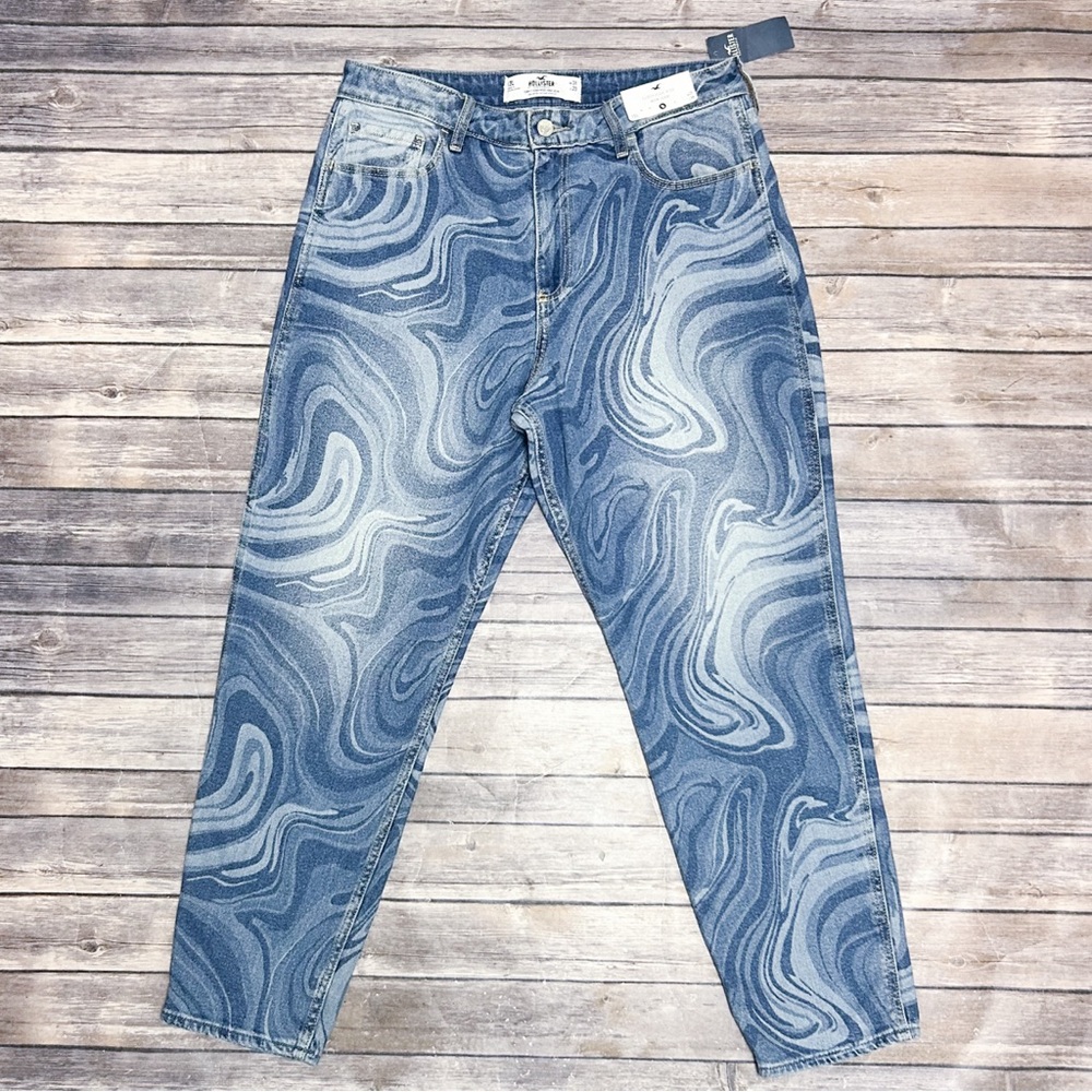 Hollister Medium Wash Swirl Marble Curvy High Rise Mom Jeans 13L 13 Long 31 X 29